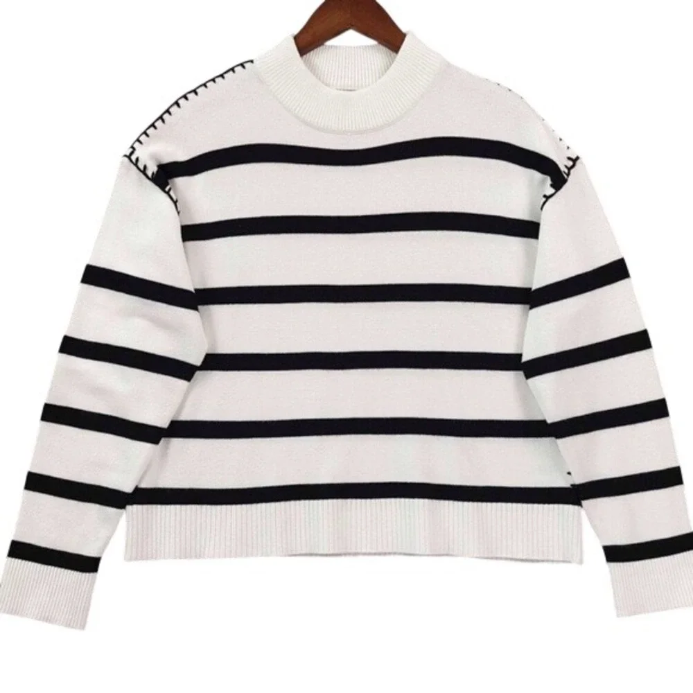 Tahari Women L/G White Black Stripe Mock‎ Neck Long Sleeve Sweater Knit Top - Picture 7 of 9